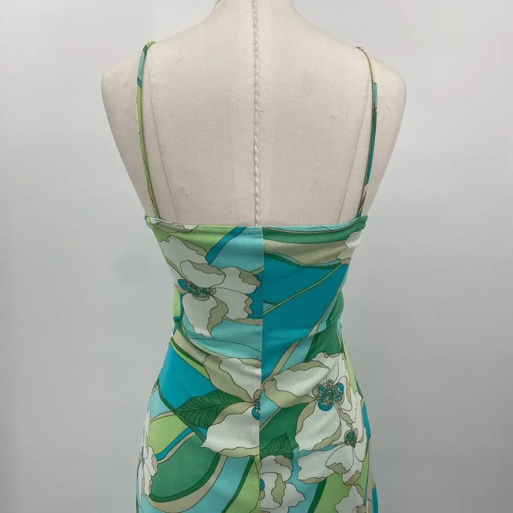 Vintage Y2k City Triangles Retro Floral Mini Dress Ruffled Hem Stretchy Mesh XS - Picture 7 of 8